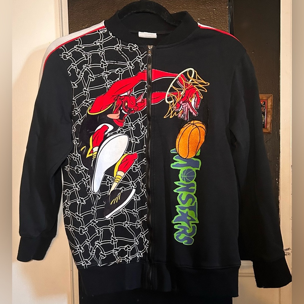 Kids Vintage Black Graphic Zip-Up Jacket Space Jam Basket Ball Monsters